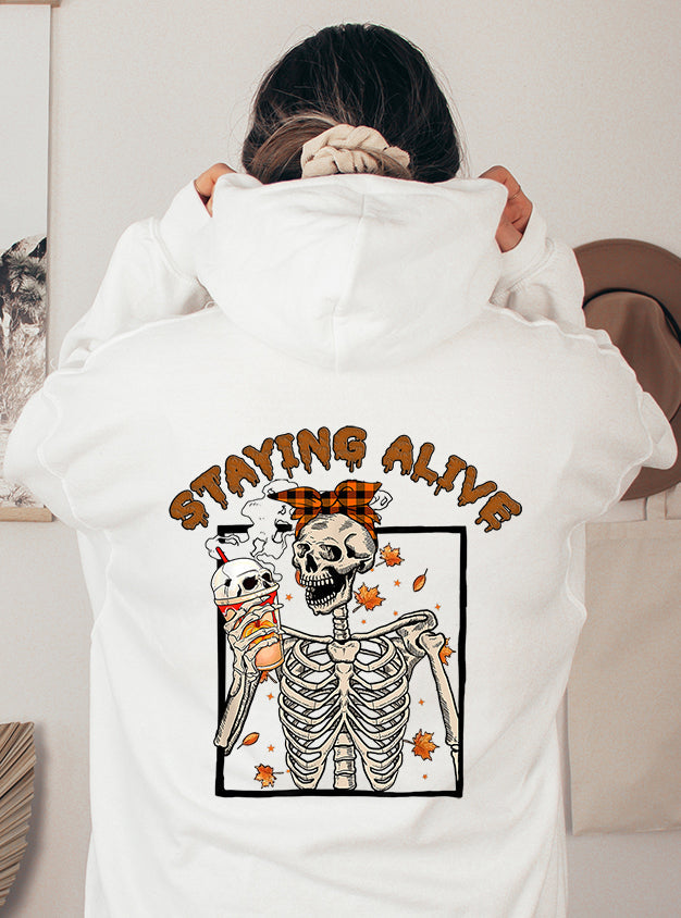 Unisex HOODIE Halloween Staying Alive Cute Skeleton Drinking Coffee