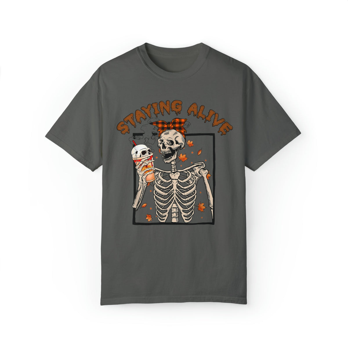 Unisex COMFORT COLORS T-Shirt Halloween Staying Alive Cute Skeleton Drinking Coffee