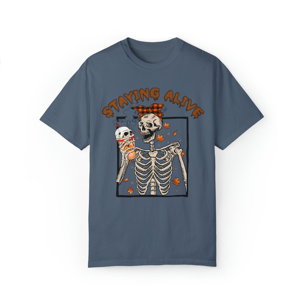 Unisex COMFORT COLORS T-Shirt Halloween Staying Alive Cute Skeleton Drinking Coffee