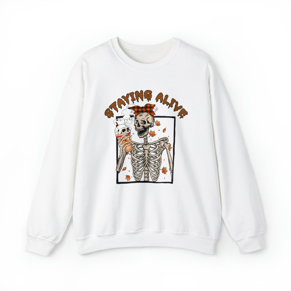 Unisex Sweatshirt Halloween Staying Alive Cute Skeleton Drinking Coffee