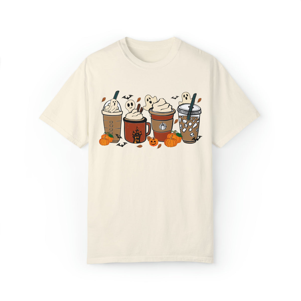 Unisex COMFORT COLORS T-Shirt Cute Spooky Ghost Coffee, Halloween Pumpkin Spice Fall Drinks Latte