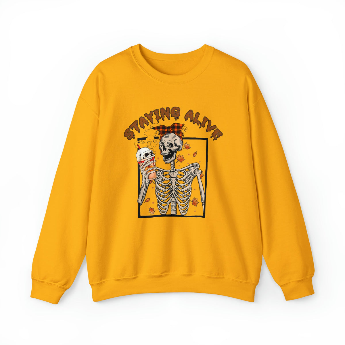 Unisex Sweatshirt Halloween Staying Alive Cute Skeleton Drinking Coffee