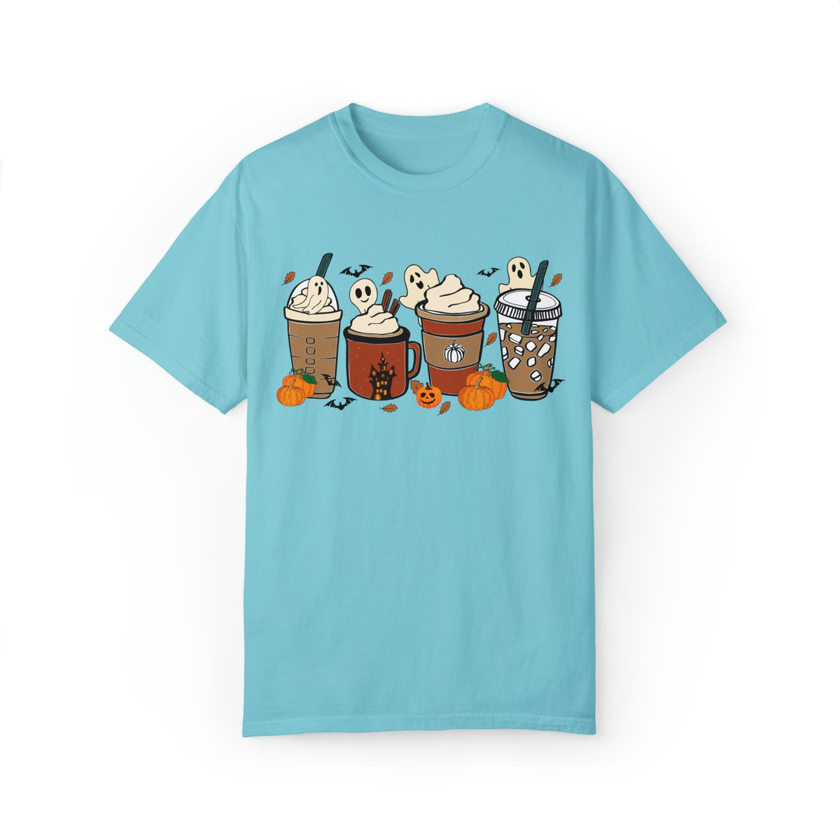 Unisex COMFORT COLORS T-Shirt Cute Spooky Ghost Coffee, Halloween Pumpkin Spice Fall Drinks Latte