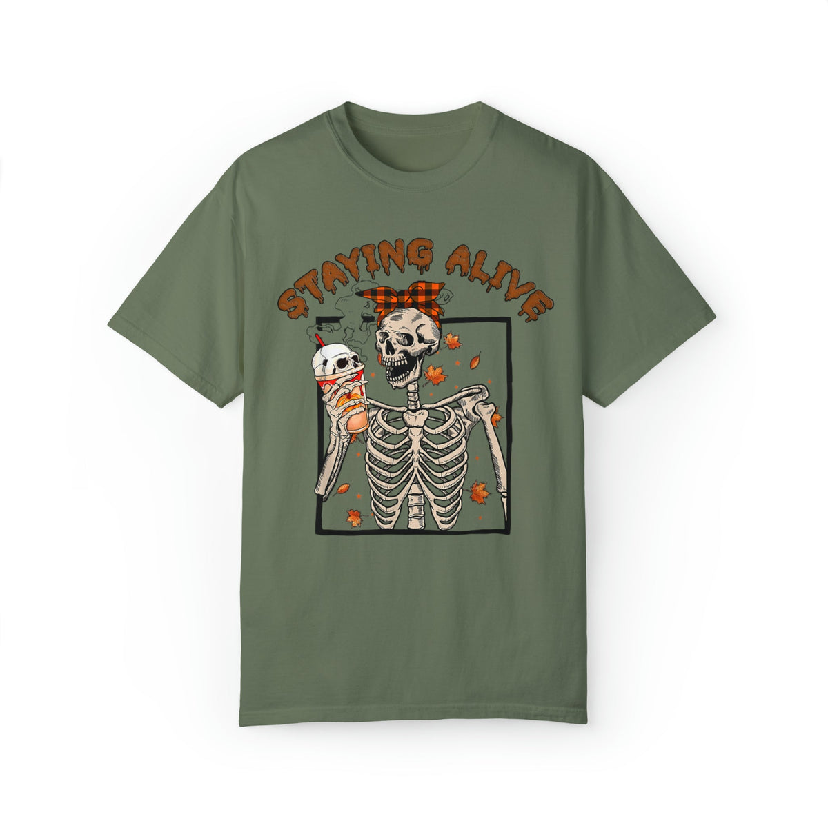 Unisex COMFORT COLORS T-Shirt Halloween Staying Alive Cute Skeleton Drinking Coffee