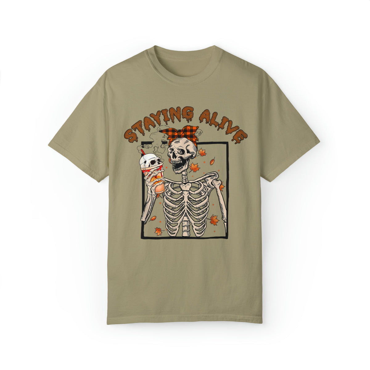 Unisex COMFORT COLORS T-Shirt Halloween Staying Alive Cute Skeleton Drinking Coffee