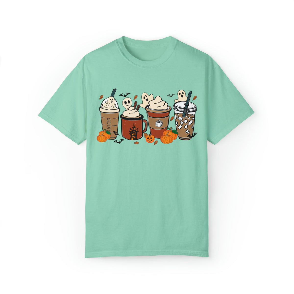 Unisex COMFORT COLORS T-Shirt Cute Spooky Ghost Coffee, Halloween Pumpkin Spice Fall Drinks Latte