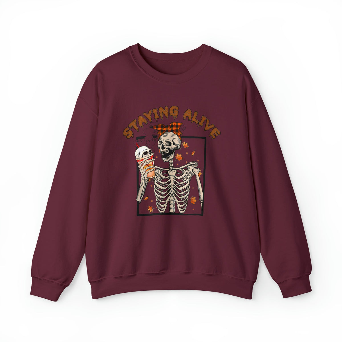 Unisex Sweatshirt Halloween Staying Alive Cute Skeleton Drinking Coffee