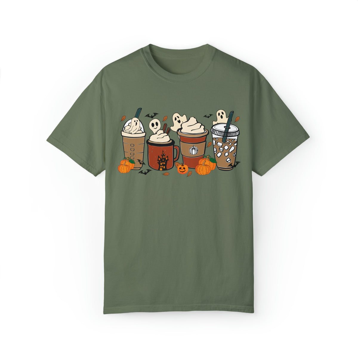 Unisex COMFORT COLORS T-Shirt Cute Spooky Ghost Coffee, Halloween Pumpkin Spice Fall Drinks Latte