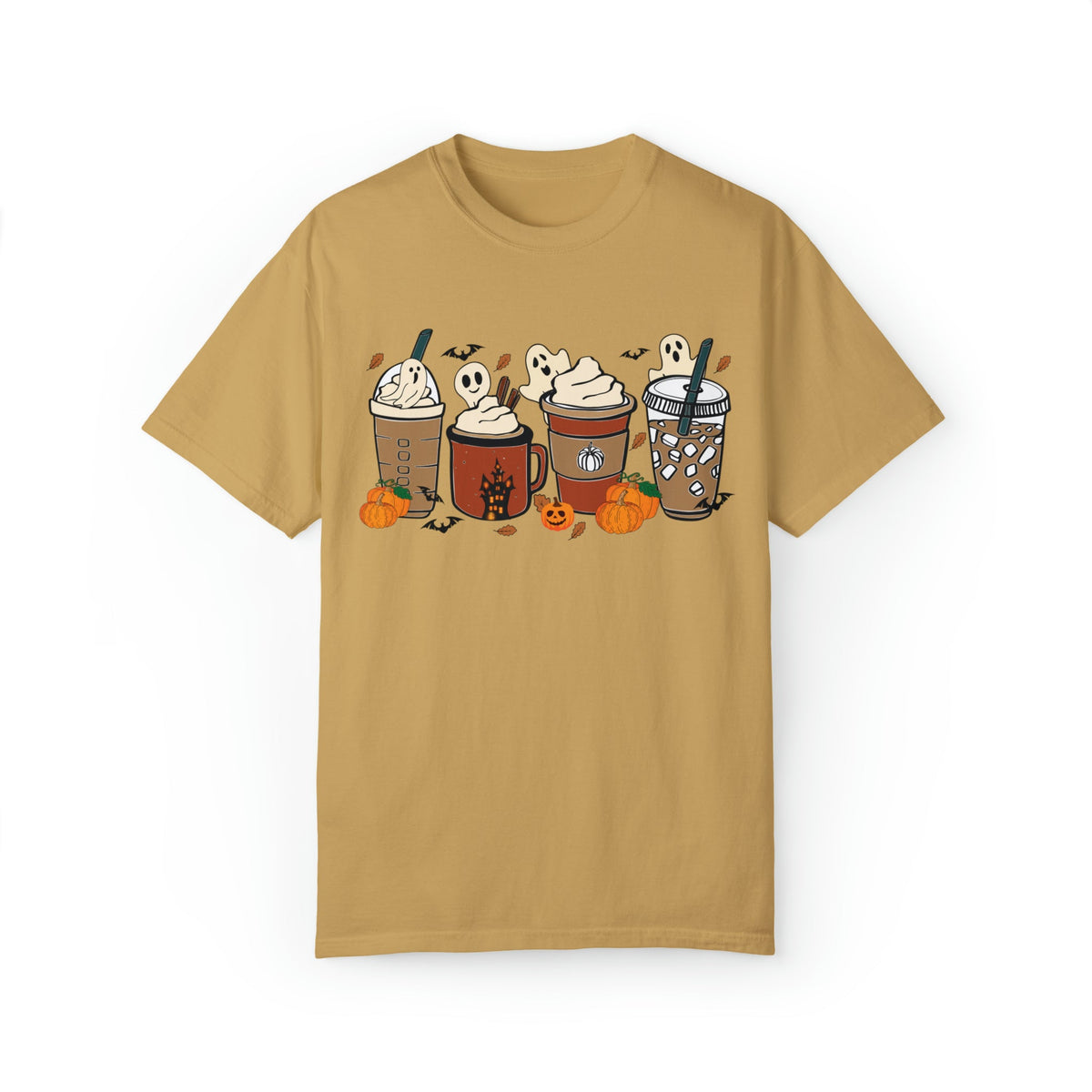 Unisex COMFORT COLORS T-Shirt Cute Spooky Ghost Coffee, Halloween Pumpkin Spice Fall Drinks Latte