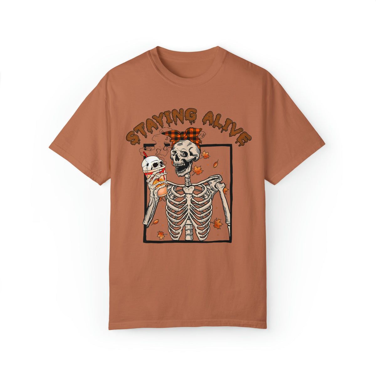 Unisex COMFORT COLORS T-Shirt Halloween Staying Alive Cute Skeleton Drinking Coffee