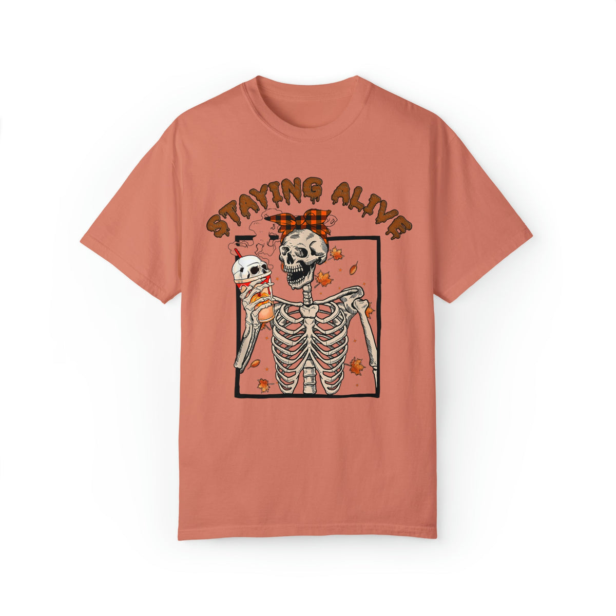 Unisex COMFORT COLORS T-Shirt Halloween Staying Alive Cute Skeleton Drinking Coffee