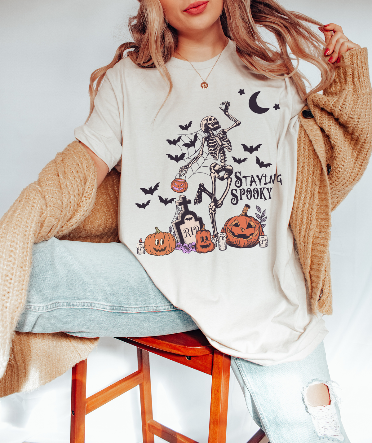 Unisex BELLA CANVA T-Shirt Staying Spooky Vintage Skeleton Cute Pumpkin