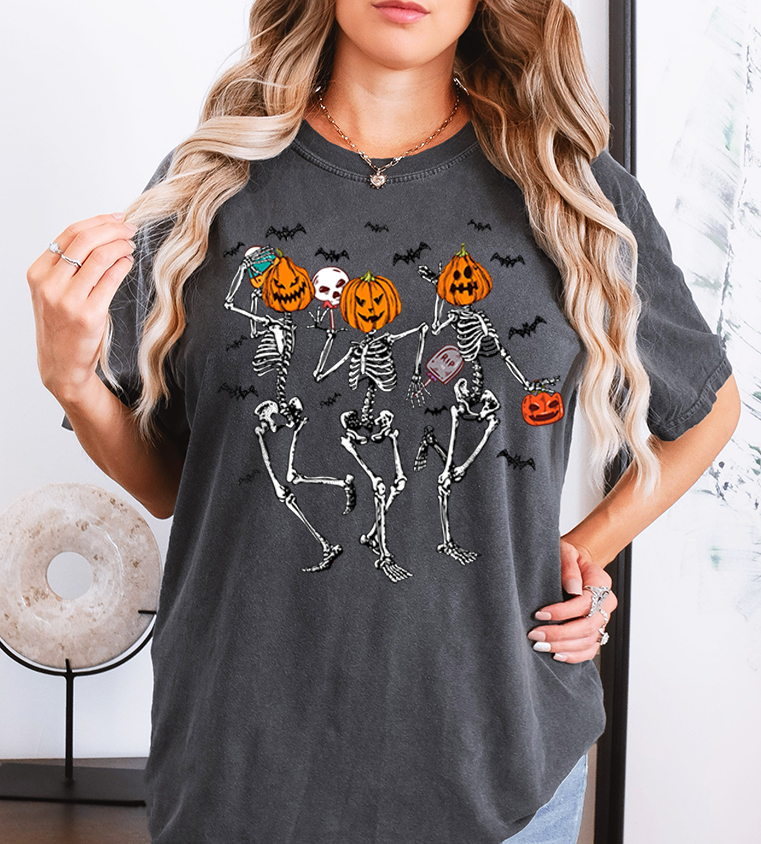 Unisex COMFORT COLOR Dancing Skeleton Halloween Shirt, spooky season pumpkin autumnal