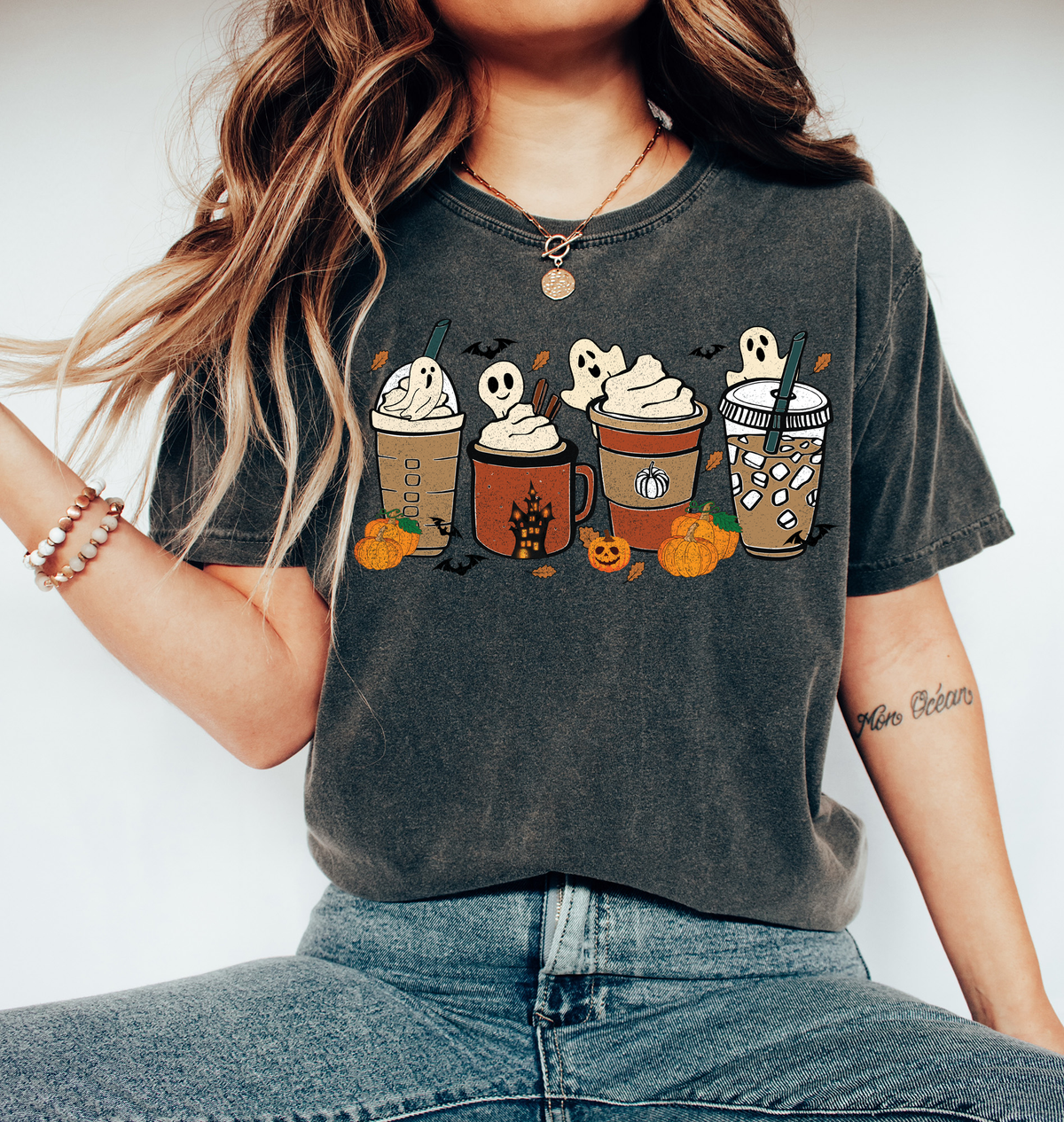 Unisex COMFORT COLORS T-Shirt Cute Spooky Ghost Coffee, Halloween Pumpkin Spice Fall Drinks Latte