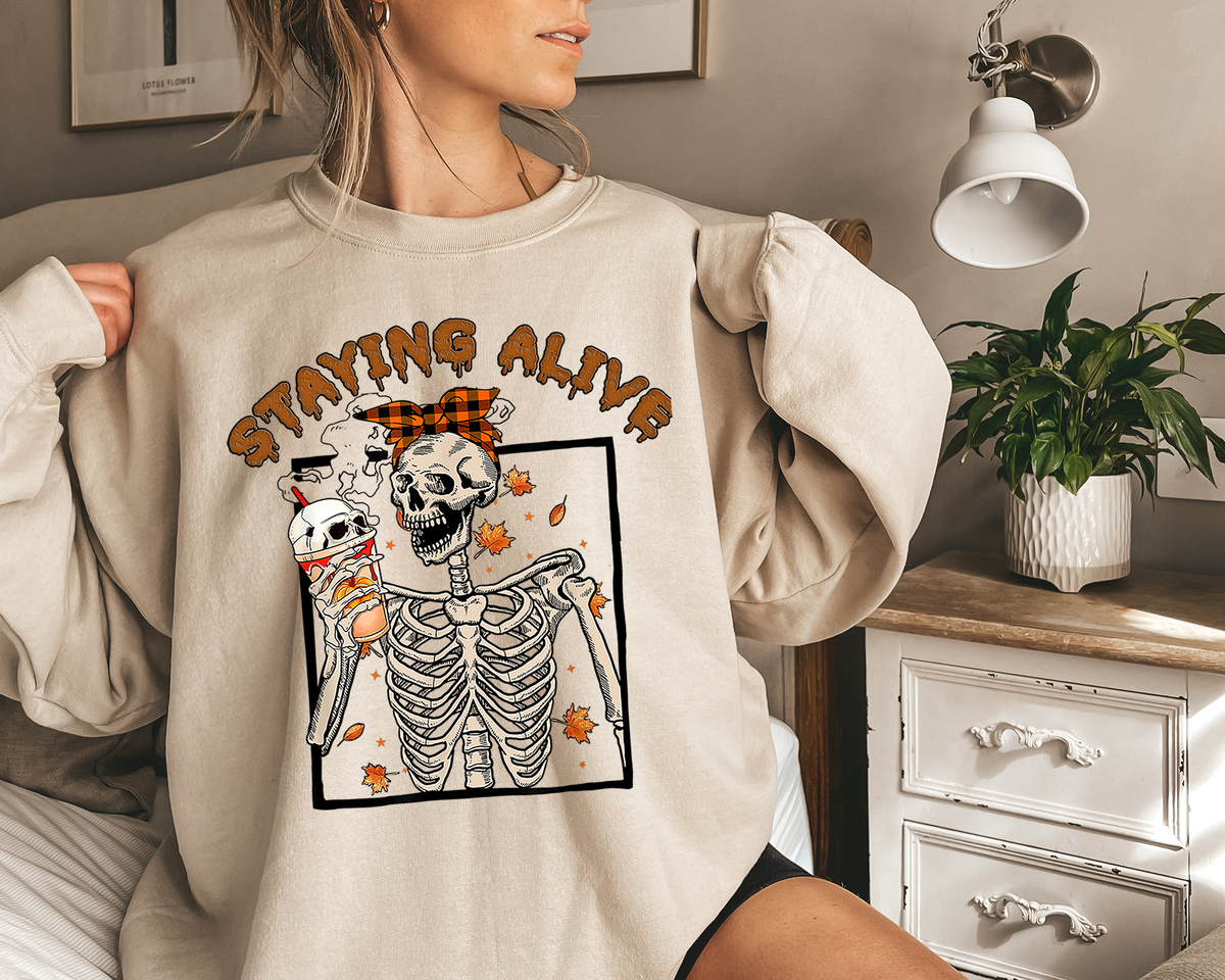 Unisex Sweatshirt Halloween Staying Alive Cute Skeleton Drinking Coffee