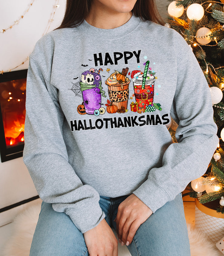 Unisex Sweatshirt HalloThanksMas Drinks Trendy Halloween Thanksgiving Christmas Drinks