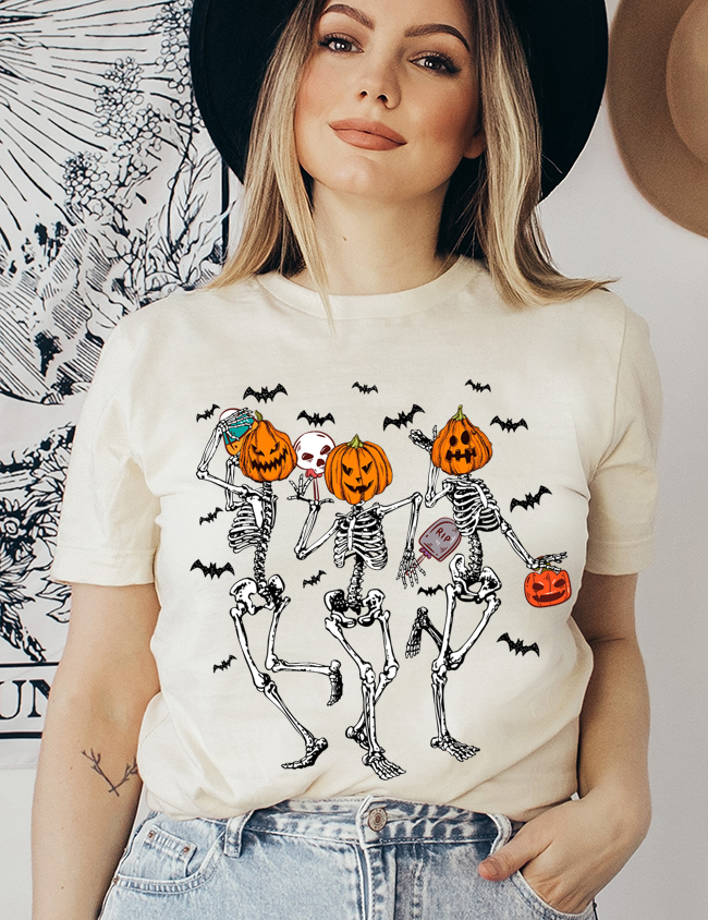 Unisex BELLA CANVA dancing skeletons pumpkin shirt skeletons shirting